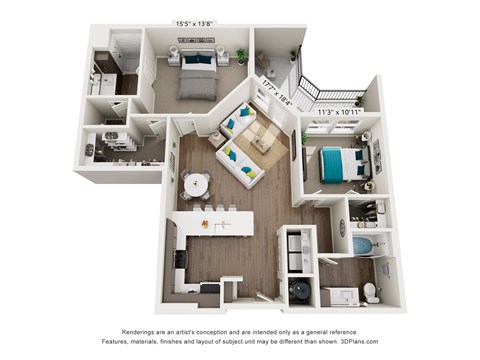 A 3D floor plan of a small apartment with a kitchen, living room, and two bedrooms.